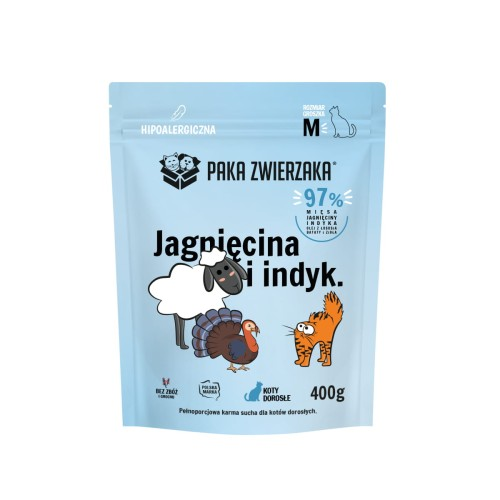 Paka Zwierzaka Jagnięcina Indyk M 400g/1,6kg - sucha karma dla kotów dorosłych