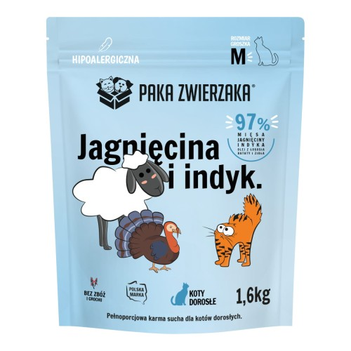 Paka Zwierzaka Jagnięcina Indyk M 400g/1,6kg - sucha karma dla kotów dorosłych
