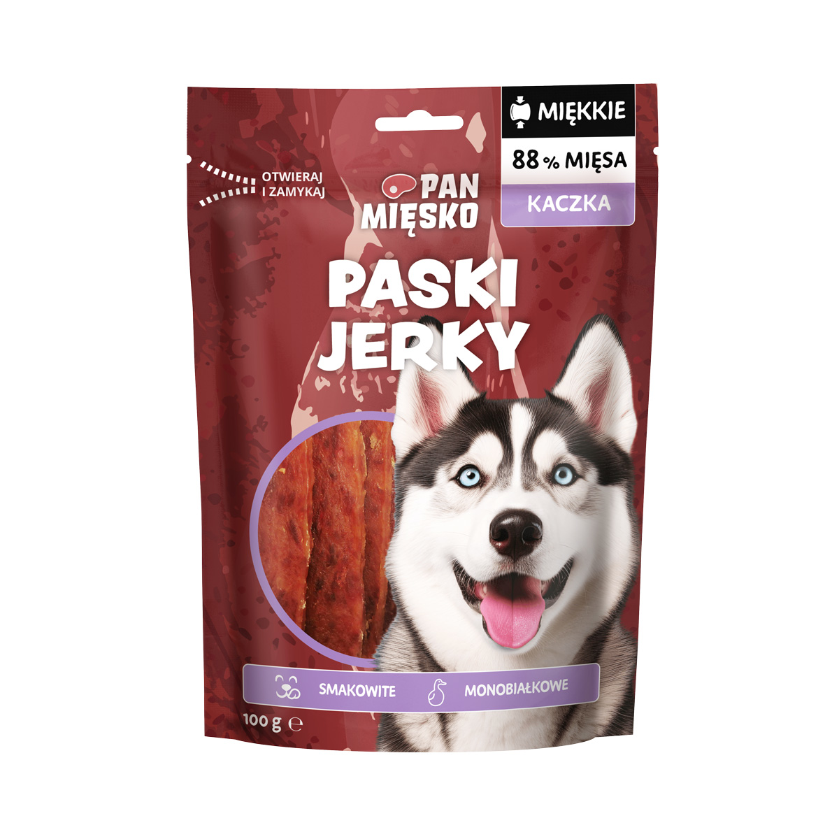 Pan Mięsko Paski Jerky z kaczką 100g - przysmak dla psa