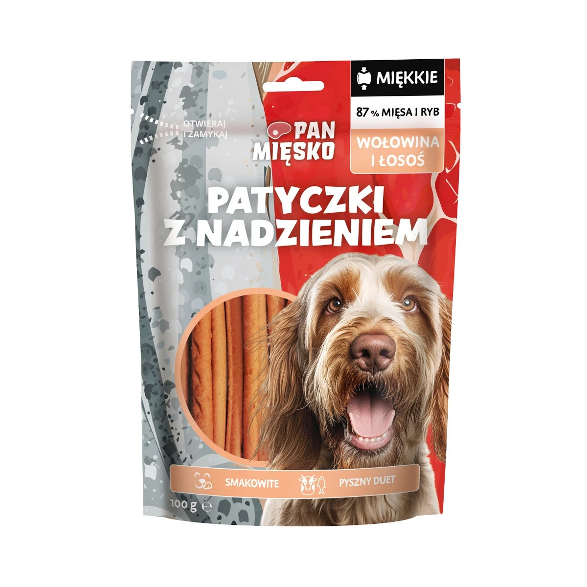 Pan Mięsko Patyczki wołowe nadziewane łososiem 100g - przysmak dla psa