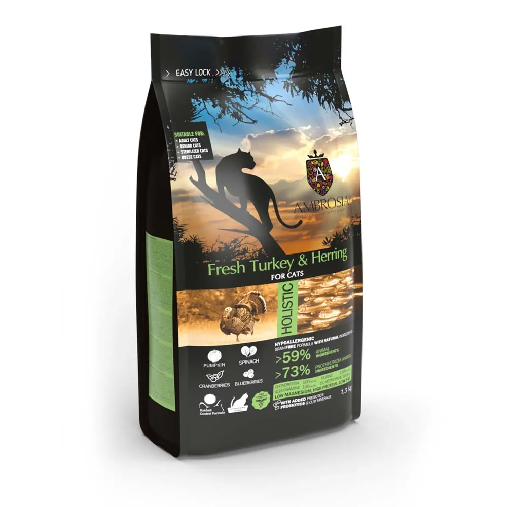 Ambrosia Adult Cat Light indyk i śledź 1,5kg - sucha karma dla kotów
