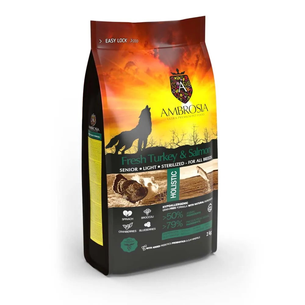 Ambrosia Senior Dog Light indyk i łosoś 2kg - sucha karma dla psów
