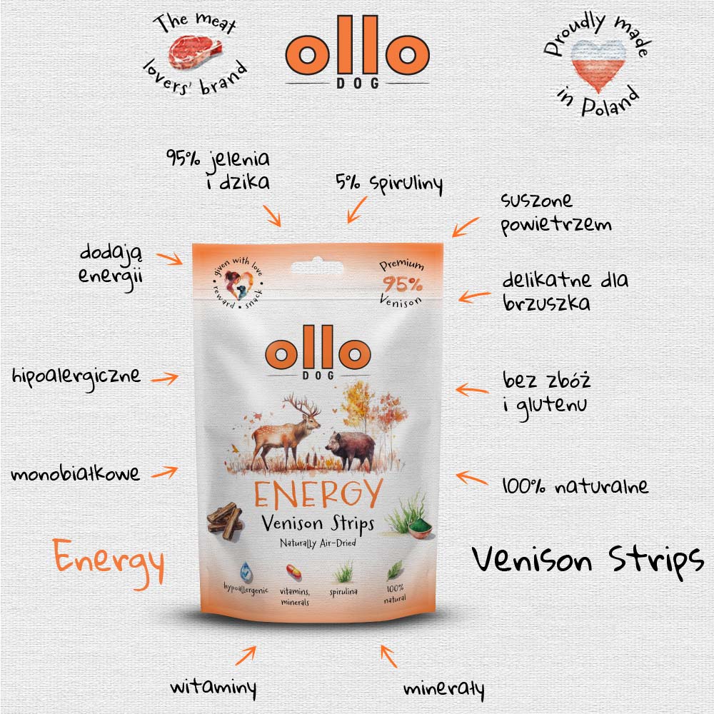 Ollo Air Dried Energy Strips Jeleń i Dzik 80g - przysmak dla psów