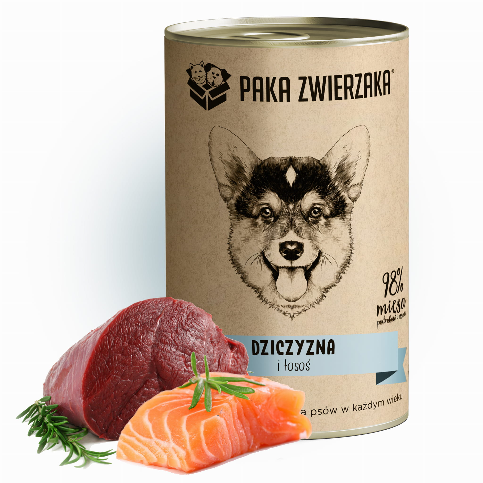 Paka Zwierzaka (dziczyzna i łosoś) puszka 400g - mokra karma dla szczeniąt i dorosłych psów