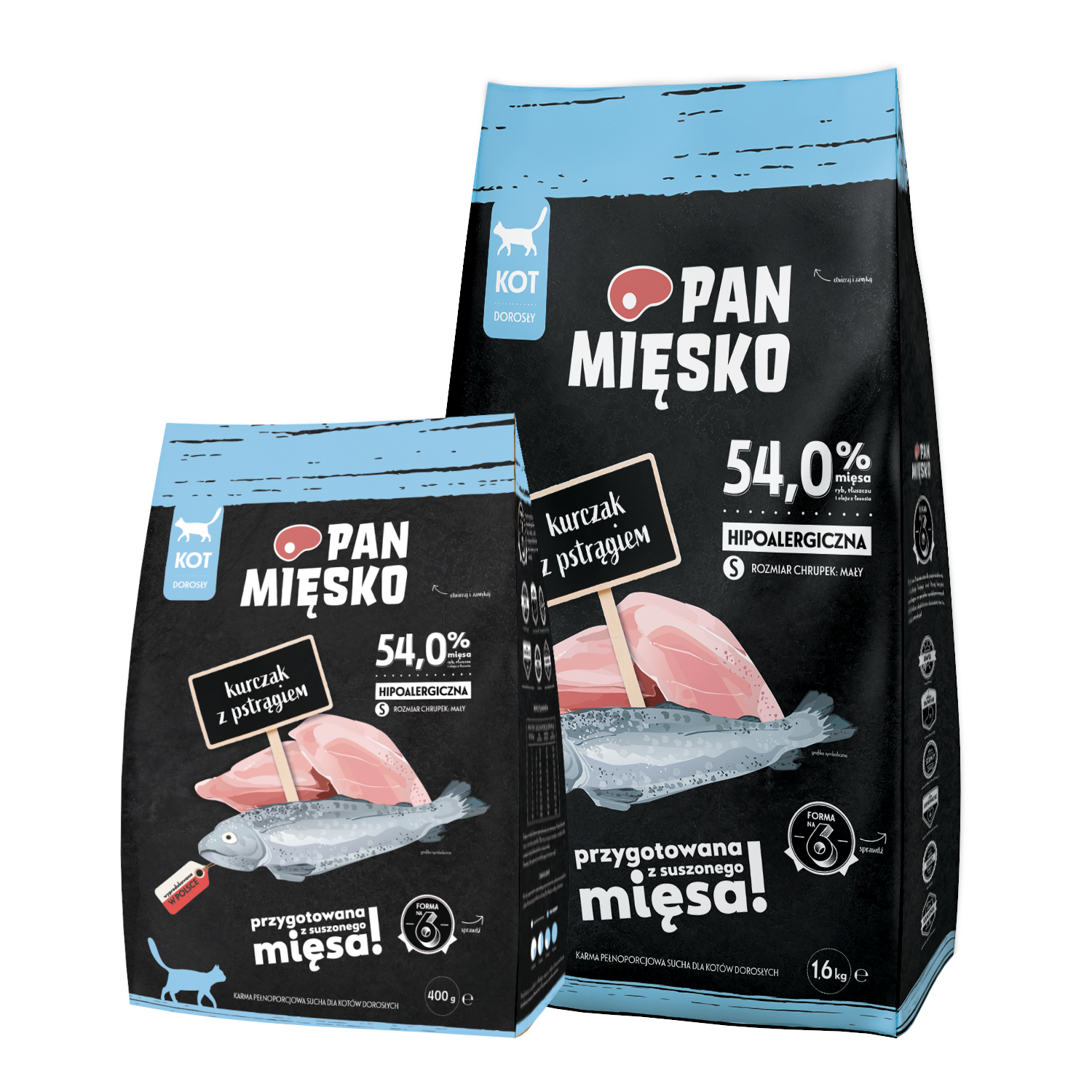 Pan Mięsko (kurczak z pstrągiem) S 0,4kg/1,6kg - sucha karma dla kotów