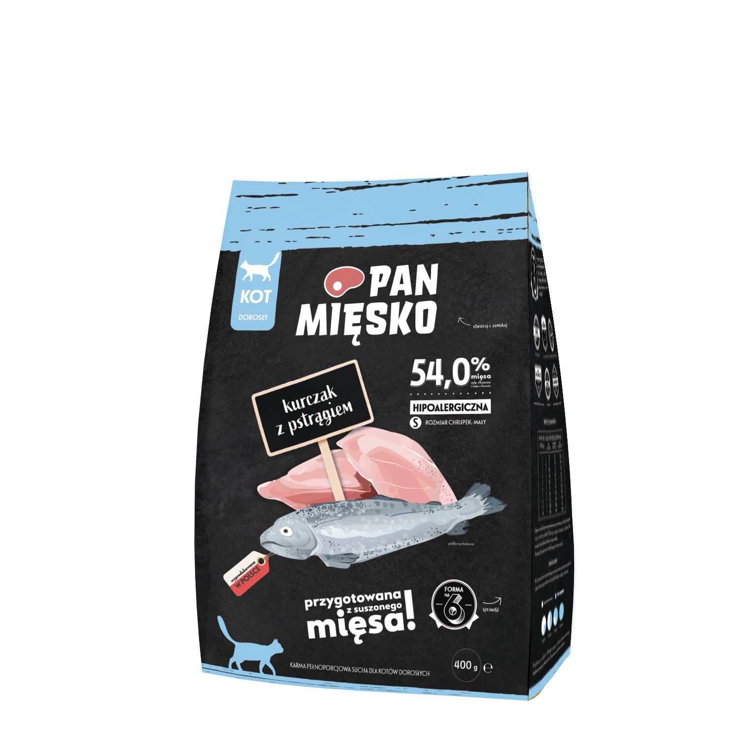 Pan Mięsko (kurczak z pstrągiem) S 0,4kg/1,6kg - sucha karma dla kotów