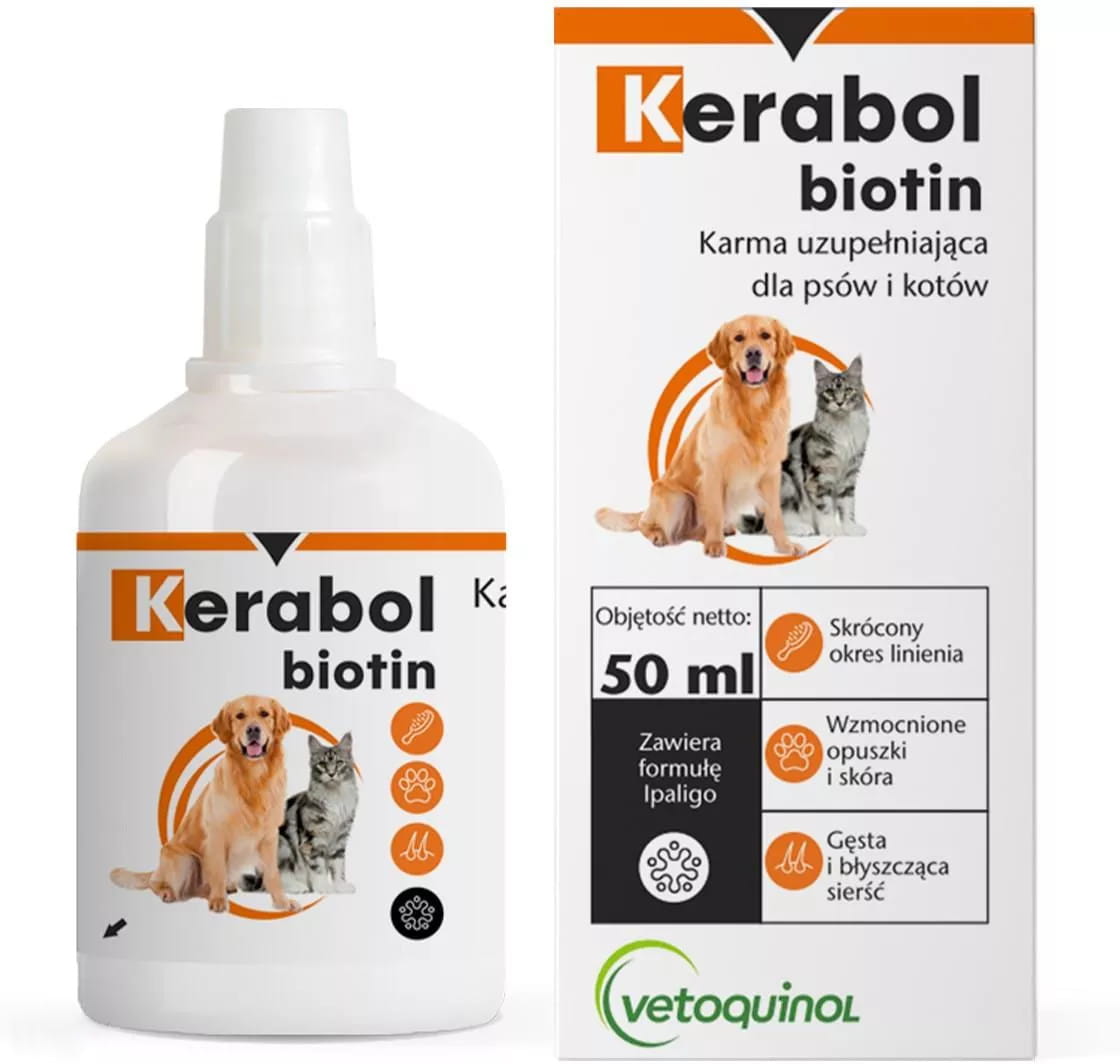 Vetoquinol Kerabol biotin 20/50ml - krople na poprawę kondycji sierści u psów i kotów