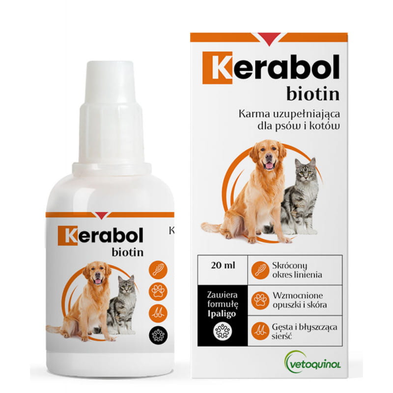 Vetoquinol Kerabol biotin 20/50ml - krople na poprawę kondycji sierści u psów i kotów