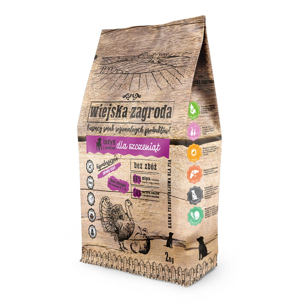 Wiejska Zagroda (indyk z jabłkiem) średnie i duże rasy 2kg/9kg - karma sucha dla szczeniąt
