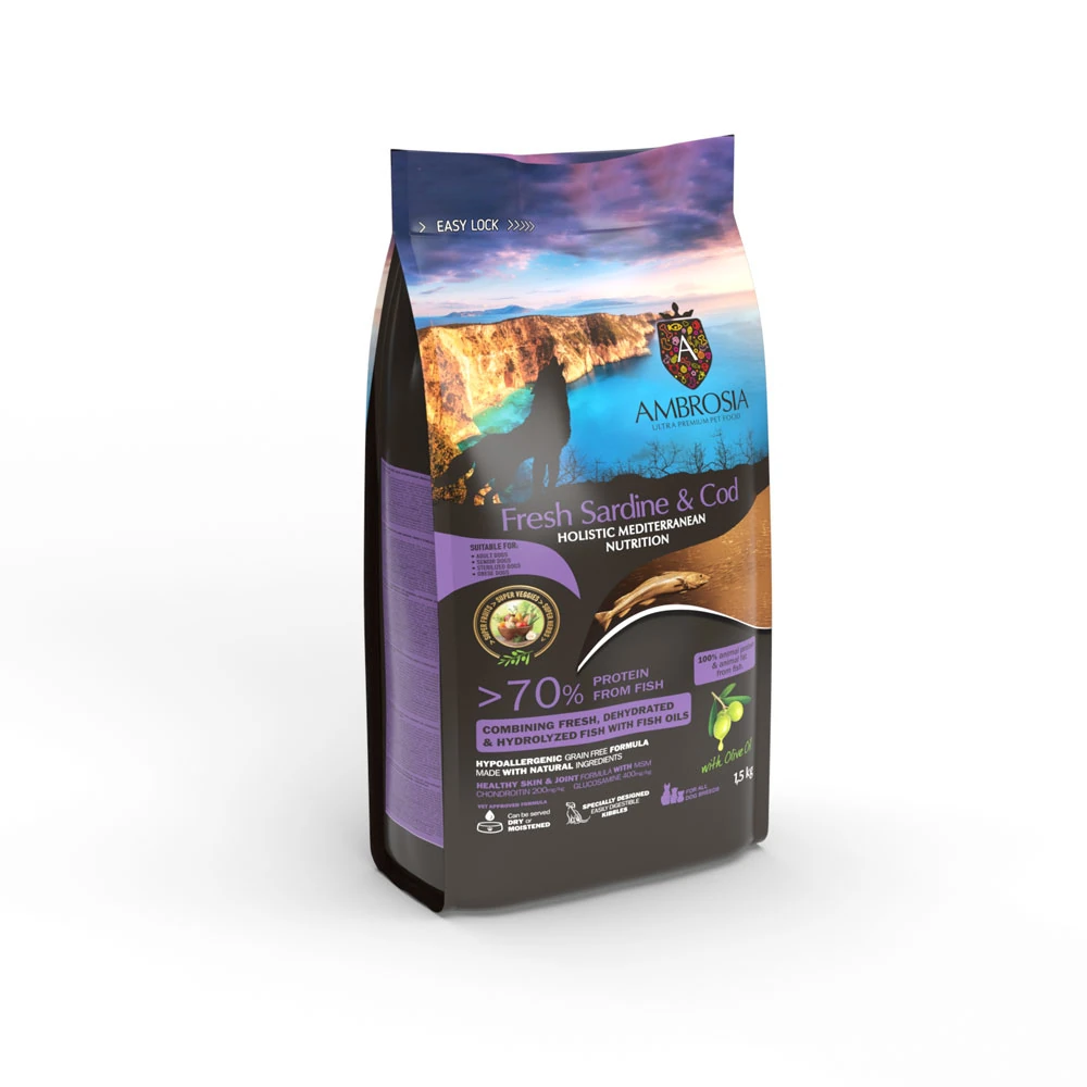 Ambrosia Mediterranean Sardynka Dorsz 1,5kg / 5kg - sucha karma dla psów
