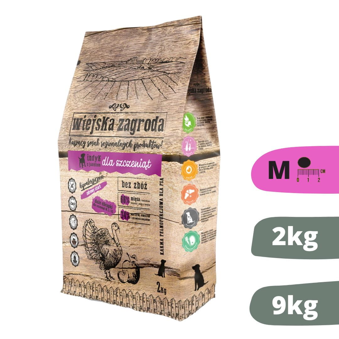 Wiejska Zagroda (indyk z jabłkiem) średnie i duże rasy 2kg/9kg - karma sucha dla szczeniąt